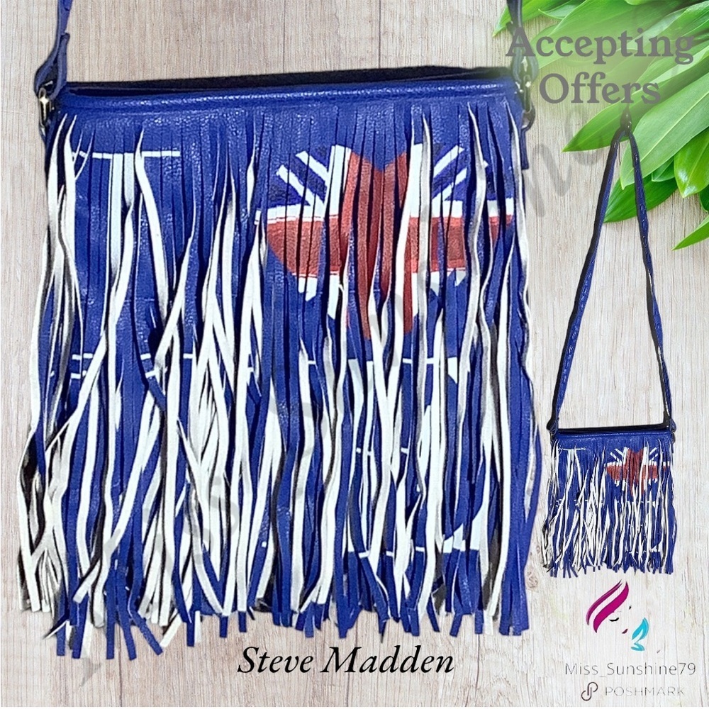 Steve Madden - fringe faux leather blue England flag heart bag